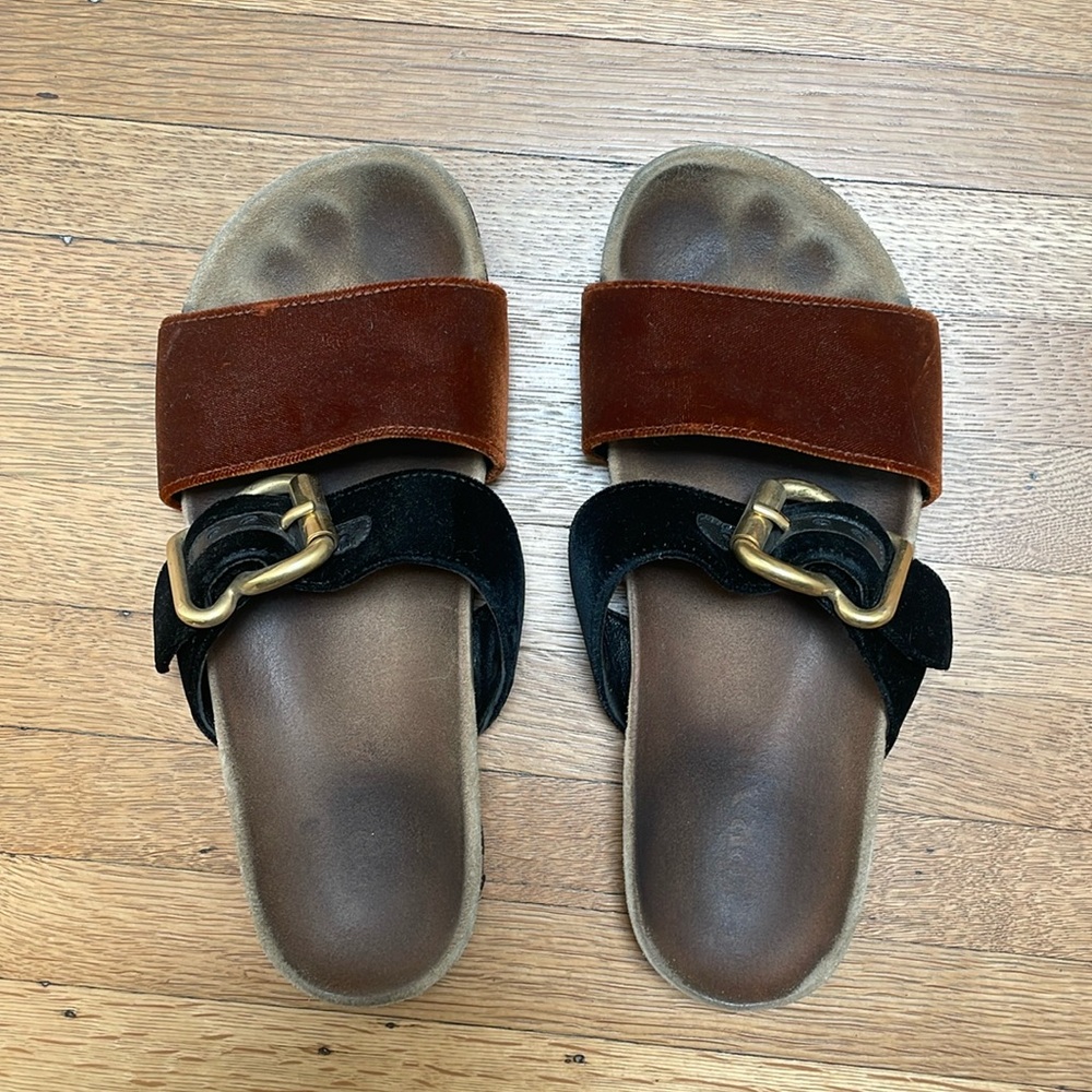 Suede Gold Buckle Slide Sandals